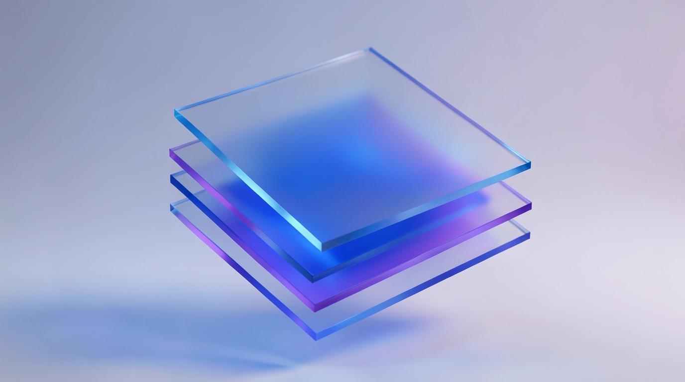 Floating translucent glass panels in cobalt and violet light